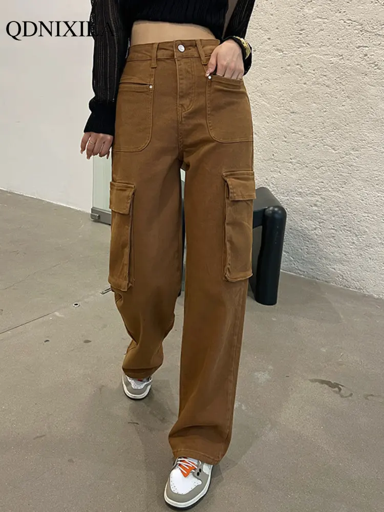 

2022 Autumer Winter Hight Wist Women Cargo Pants Baggy Vintage Streetwear Wide Leg Straight Slim Denim Trousers Casual Pockets