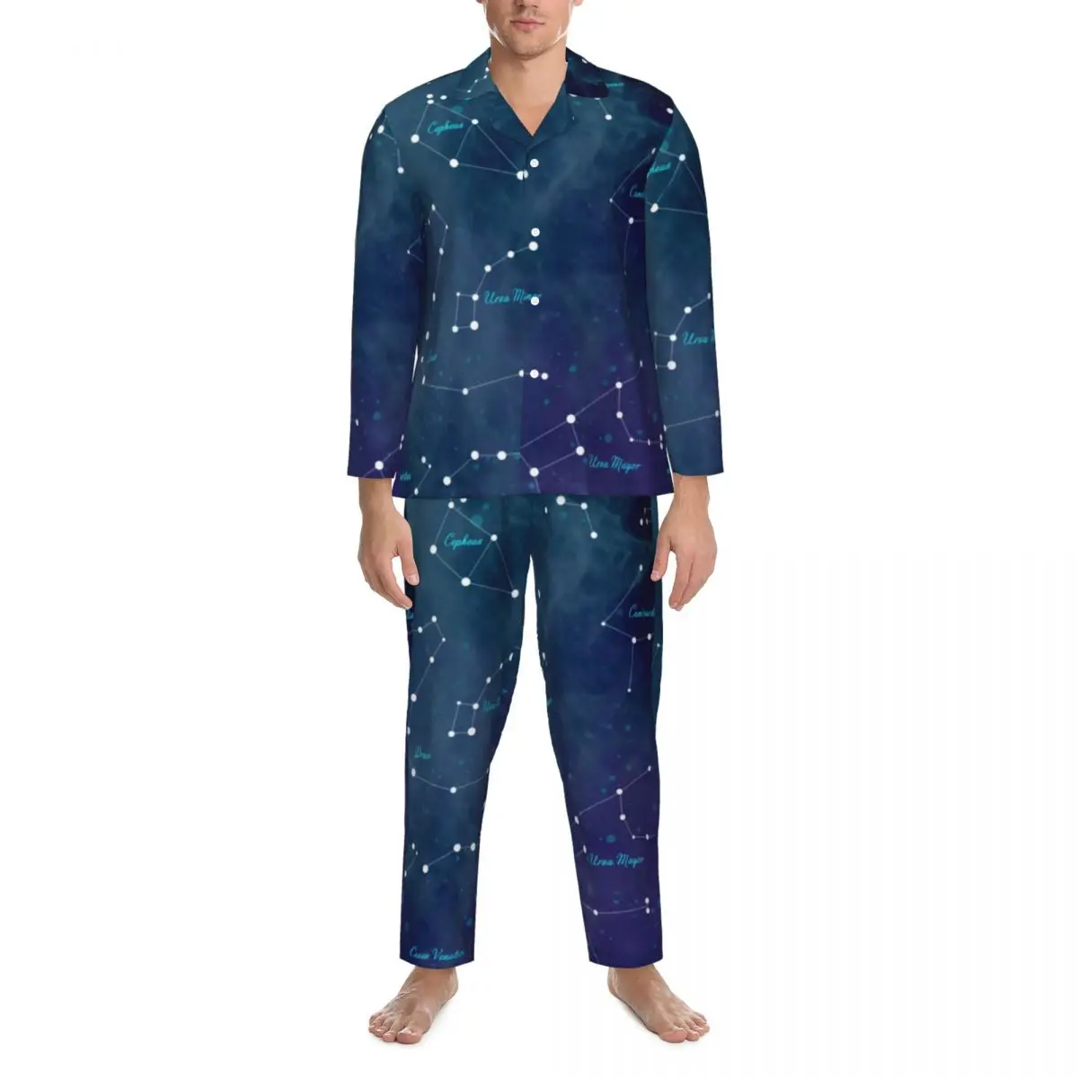 

Pajamas Men Sky Map Print Sleep Sleepwear Astronomy Lovers 2 Pieces Aesthetic Pajama Set Long-Sleeve Warm Oversized Home Suit