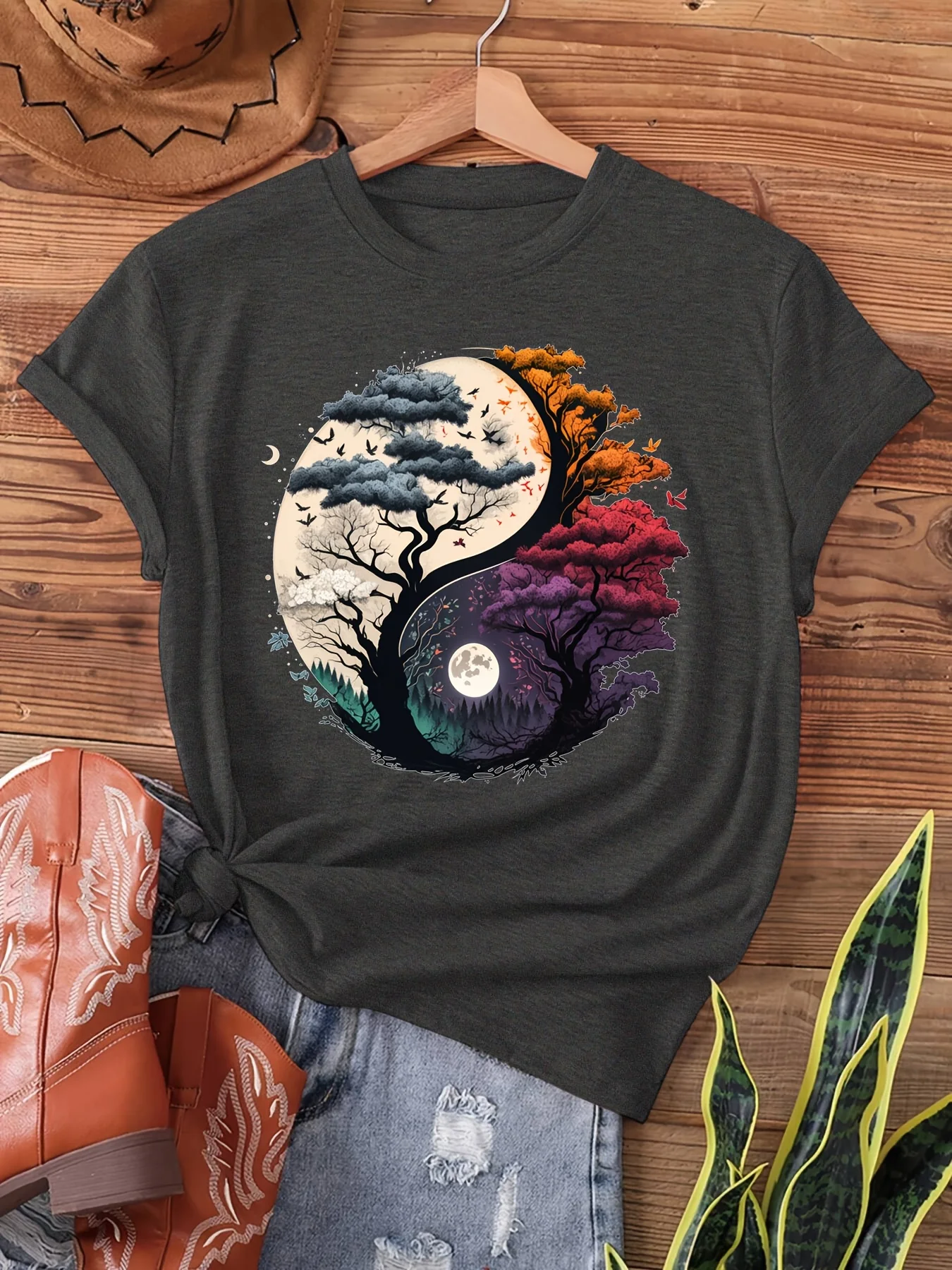 Yin Yang Tree Of Life Women's Tee - Nature Graphic, Casual Boho Spiritual Top 1