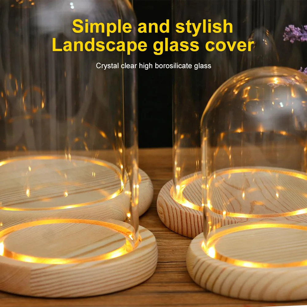 Glass Flower Cover Cloche Bell Jar Dome Wooden Base DIY Everlasting Flower Glass Cover Desktop Ornaments Vases Container Holder 5