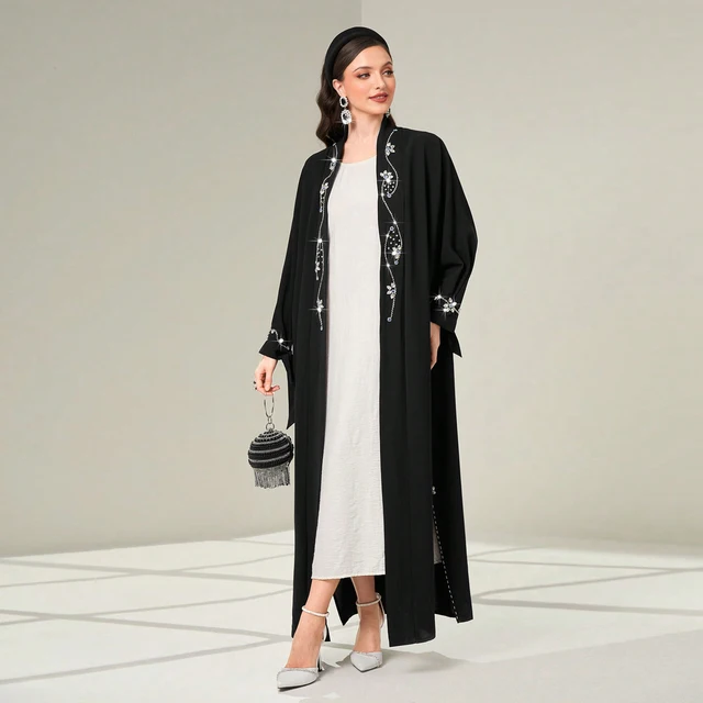 Abaya-Kimono musulman avec biscuits pour femmes, abaya musulmane de luxe, travail à la main, ouvert, Dubaï, perlé, cardigan noir, Ramadan islamique 1