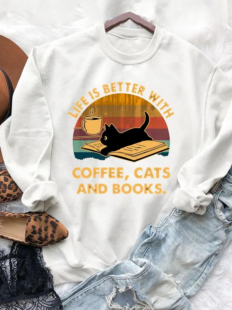 

Coffee Cat Book Coffee Love 90s Clothing Top Casual Autumn Spring Fall Printing Pullovers For Women Female Graphic Sweatshirts
