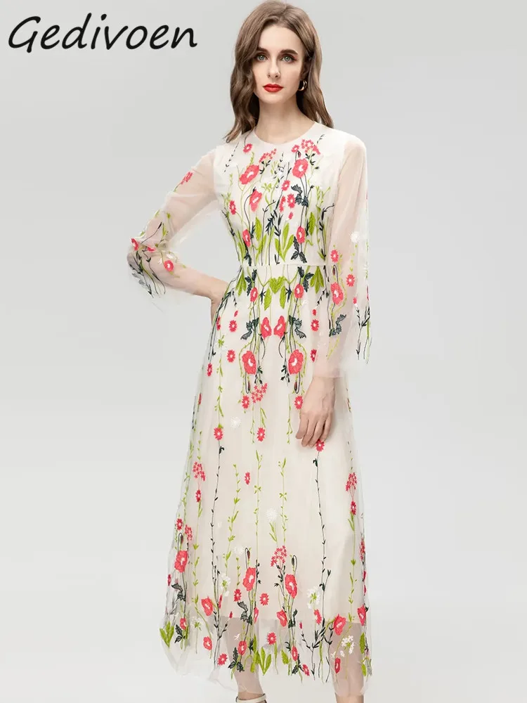

Осеннее модное дизайнерское винтажное Сетчатое платье Gedivoen, женское длинное облегающее платье-трапеция с круглым вырезом, длинным рукавом и вышивкой, с высокой талией