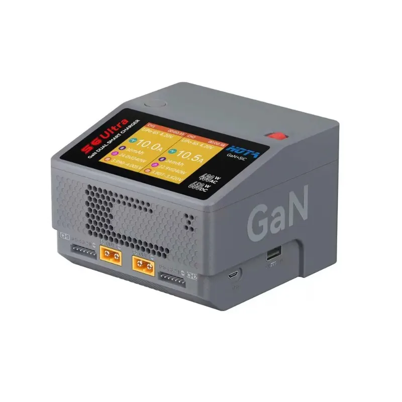 Détail des connecteurs et du panneau de contrôle du chargeur multiport 480W 2 canaux USB pour batteries LiPo/LiFe/Li-ion