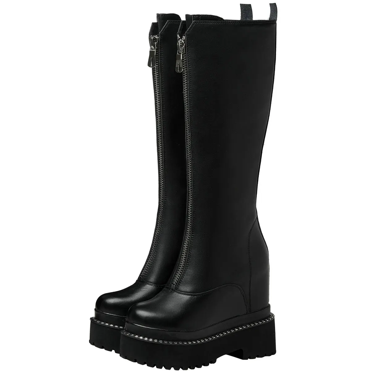 

New Winter Warm Shoes Women Genuine Leather High Heel Knee High Martin Boots Female Round Toe Platform Wedges Pumps Casual Shoes