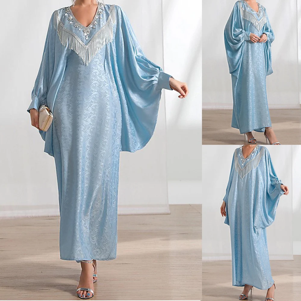 

Elegant Women Evening Party Kaftan Long Dress Muslim Print Diamonds Tassel Arabic Abaya Batwing Sleeve V-neck Spring Turkey Robe