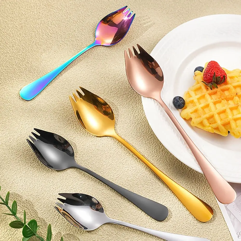 2 in 1 Salad Spoon Fork Long Handle Stainless Steel Soup Spoons 5 Colors Dishwasher Tableware Spork Dessert Spoons