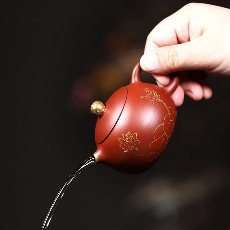 Chinese Style Lotus Pattern Xishi Teapot , Purple Clay Raw ore Dahongpao, Kung Fu Household, Pure Handmade, 120cc, Tea Pots, 1Pc