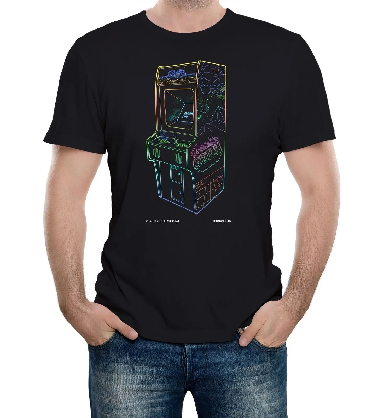 Mens 1 Up Neon Retro Arcade Machine T Shirt Classic Retro Videogiochi 80S Gaming