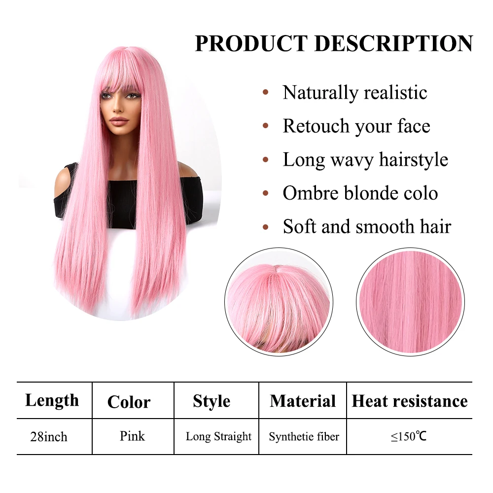 Pelucas sintéticas largas y rectas de color rosa claro con flequillo para cosplay, Halloween, Lolita, peluca colorida para mujeres, afro, natural, resistente al calor_voghion.com