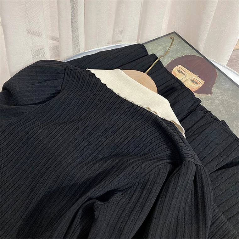 Autumn Elegant Knitted Dresses for Women Patchwork V-neck Puff Sleeve Single Breasted Midi Dress Fashion Ladies Vestidos Femme