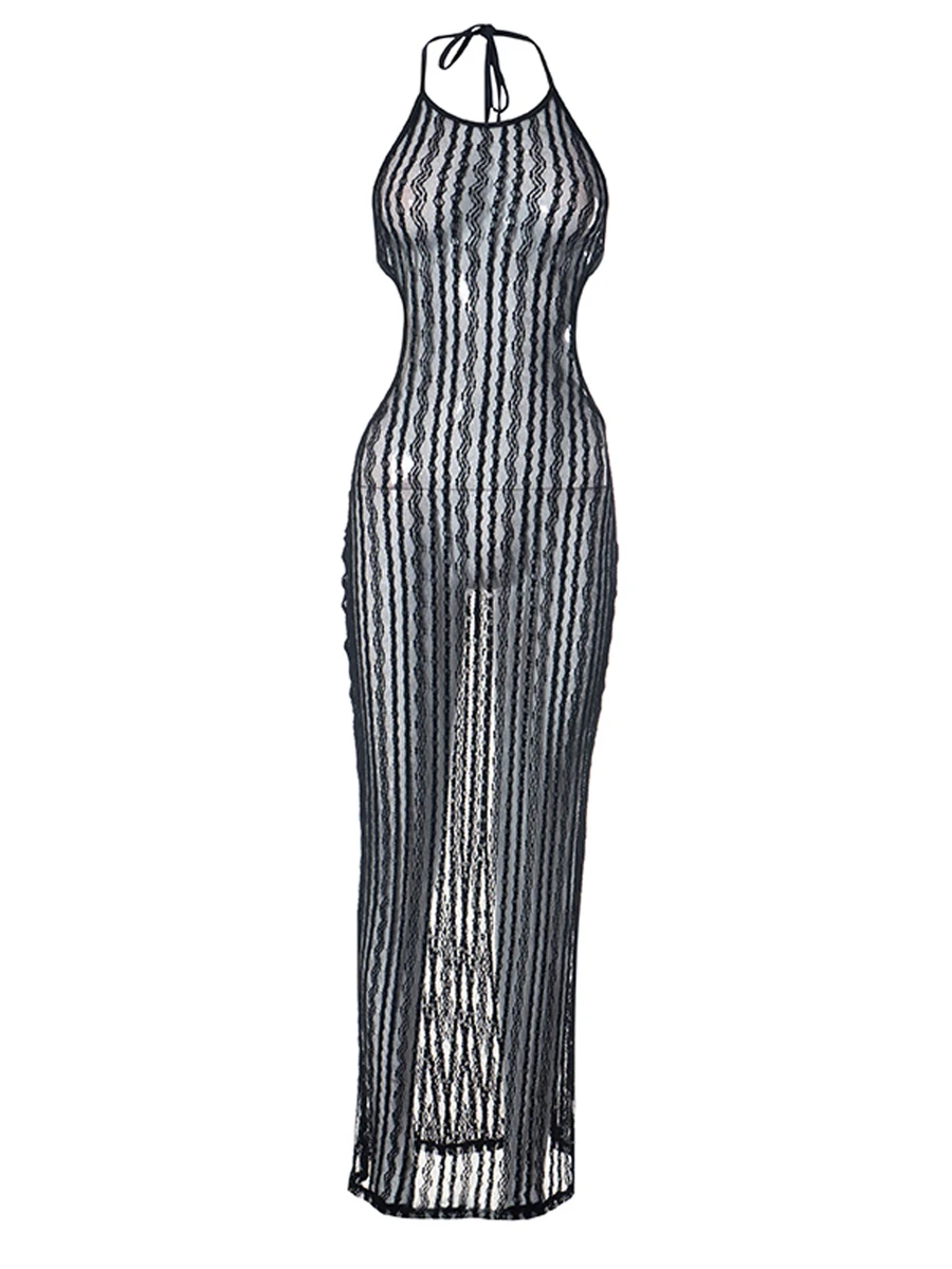 

Women s Sheer Lace Beach Cover Up Dress with Tie-Up Halter and Backless Design - Stylish Swimsuit Coverup for a Chic Look