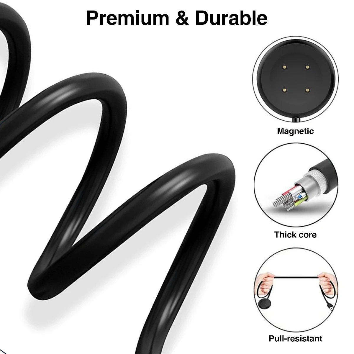 Magnetic USB-C Fast Charging Cable for Smartwatches - Black/White, 3.3Ft/1M