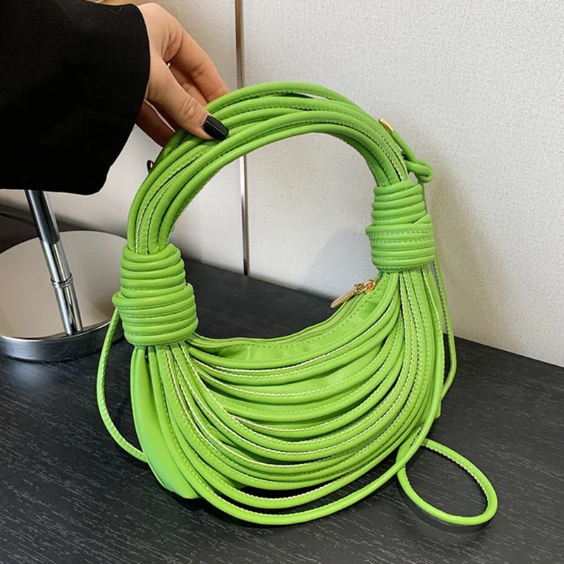 Women Handbags Designer Brand Handwoven Noodle Rope Knotted Hobo Half-Moon Evening Clutch