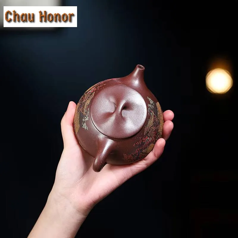 240ml Yixing Purple Clay Teapots Famous Handpainted Stone Scoop Tea Pot Raw Ore Purple Mud Kettle High-end Zisha Tea Set Gifts