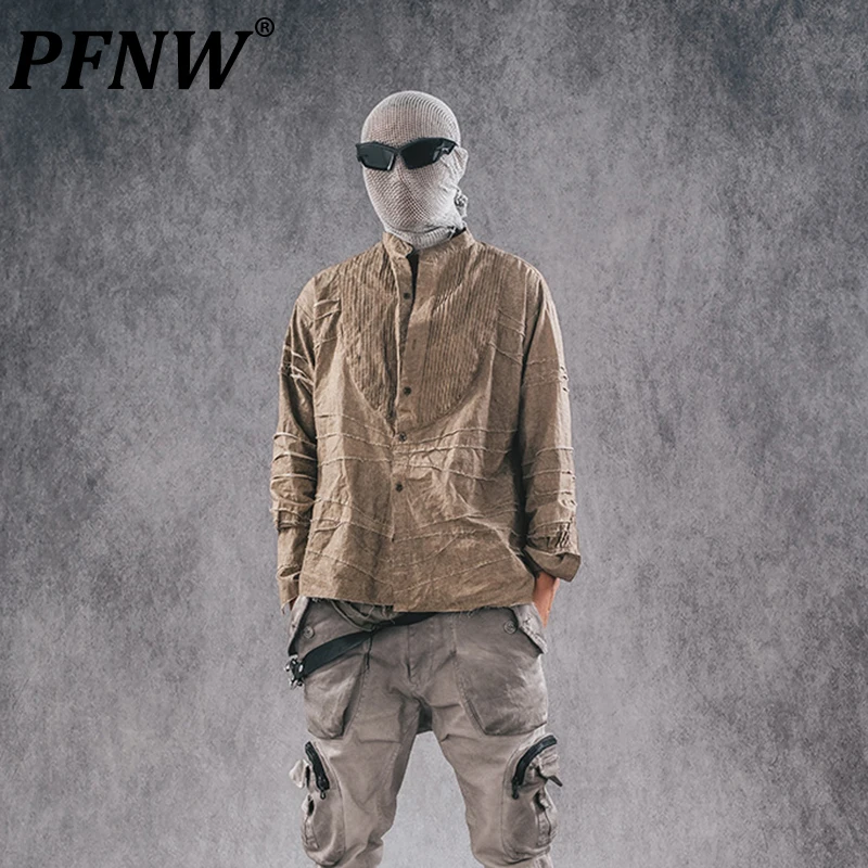 

PFNW Men's Tide Autumn New Heavy Industry Washable Fabric Splicing Punk Chic Waste Soil Retro Stylish Shirt Stand Collar 12Z4852