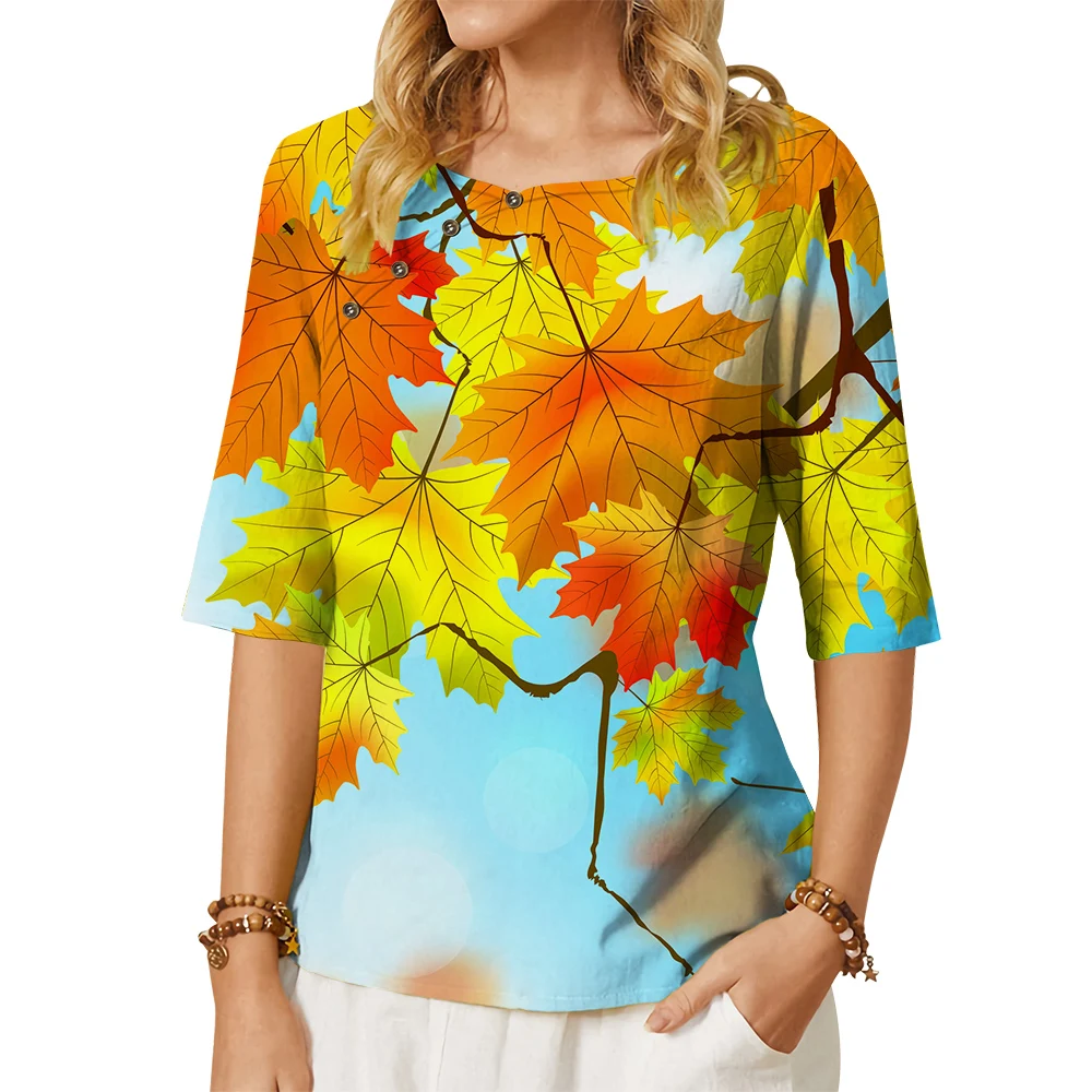

CLOOCL Round Neck Mid Sleeve Shirts for Women Autumn Beautiful Maple Leaf Graphic Print Female T-shirt with Buttons Blouse