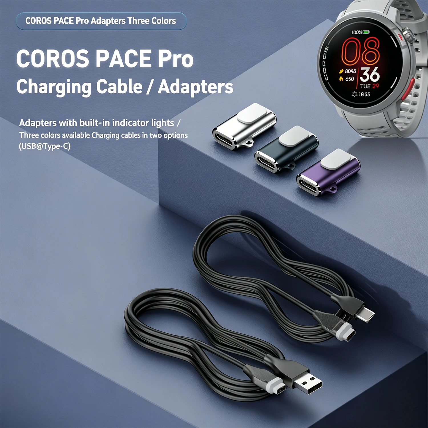 Type-C/A 남성-시계형 충전 케이블, COROS PACE Pro 시계와 호환 가능, 100CM USB 충전 케이블