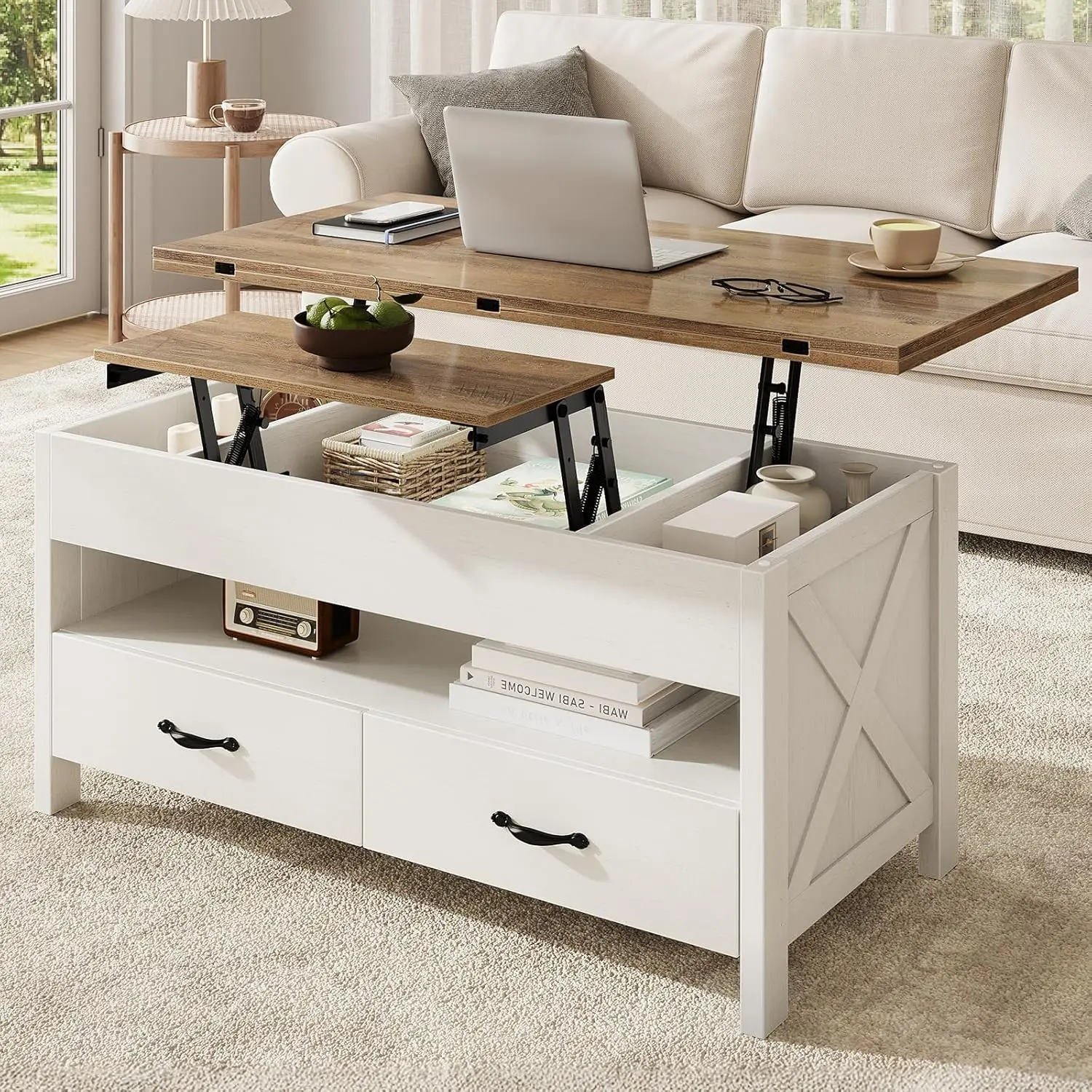 40" Lift Top Coffee Table, 4 in 1 Coffee Table with Hidden Compartment, Multifunctional Farmhouse Center Tables