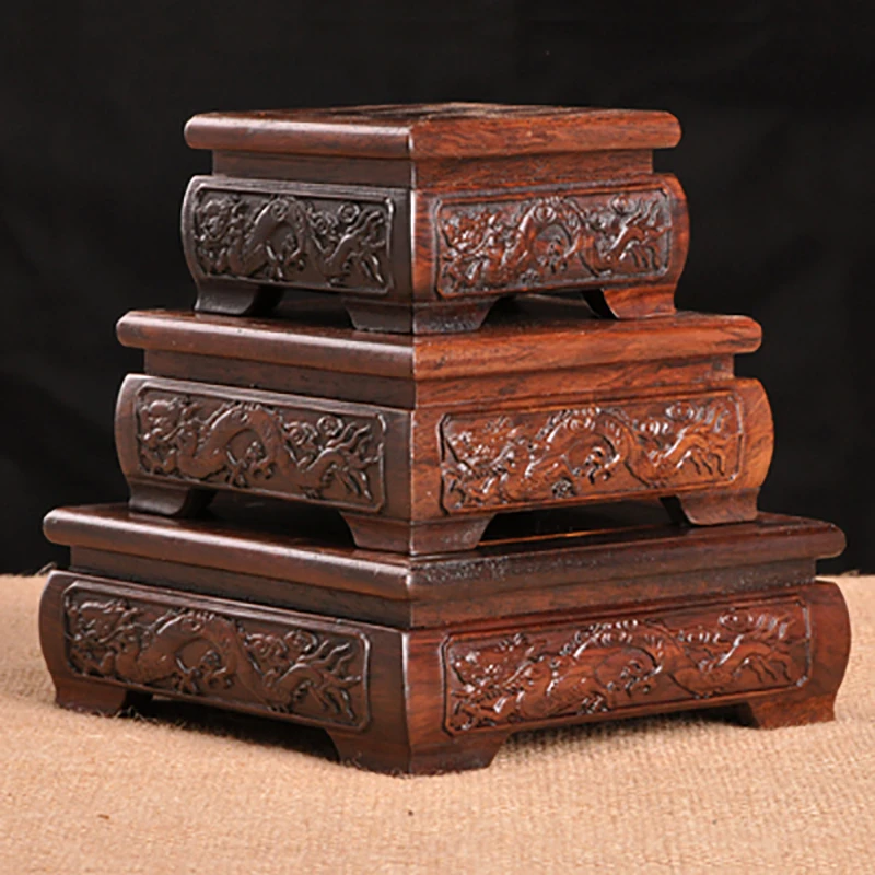 Wooden Square Base Vase, Solid Wood Stone Ornaments, Mahogany Buddha Base