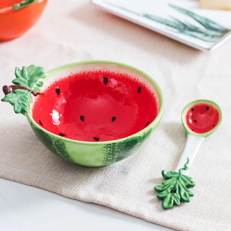 Salad Bowl Creative Strawberry Mug Household Kitchen Fruit Dessert Ceramic Bowl Spoon Children's Cartoon Fruit Shaped Tableware