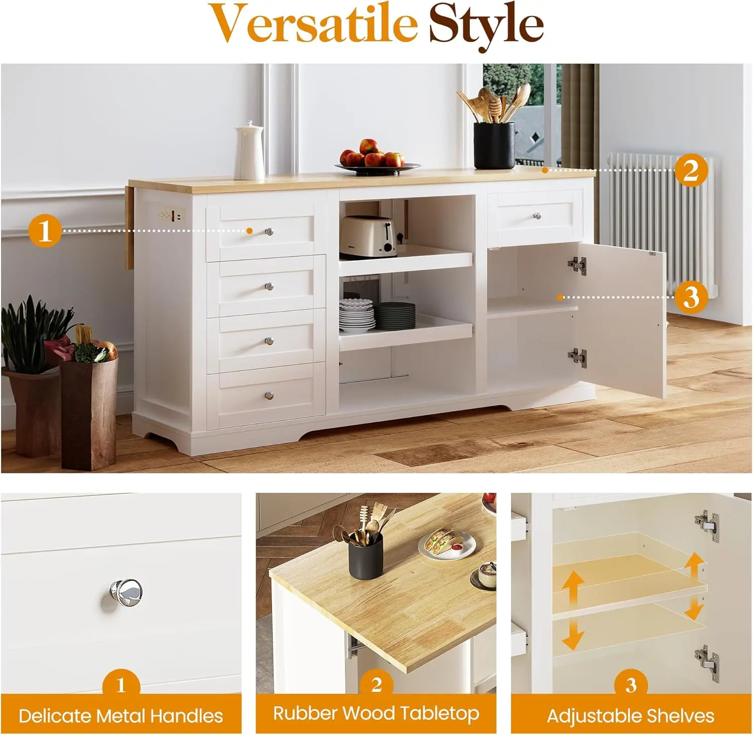 59 Inch Large Kitchen Island with Power Outlet, Farmhouse Thick Table Top Drawer, Organized Storage Space with Rubber Wood 6