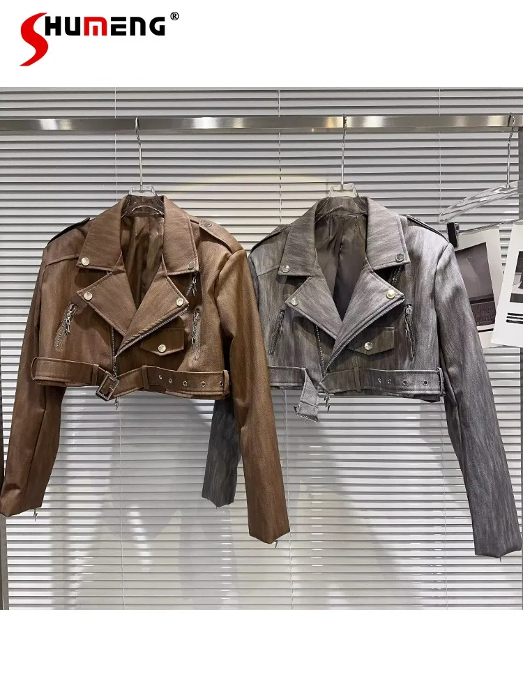 

Textured Distressed Short Leather Jacket for Women 2023 Autumn Winter New Hot Girl Style Oblique Zipper Belt Long Sleeve Coat