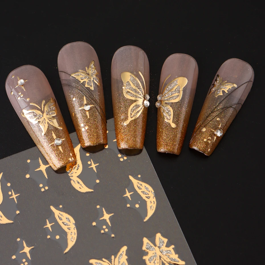 3D Shiny Brozing Golden French Lines Nagelaufkleber Silbrig Glitzer Schmetterlinge Blumen Ahornblätter Transfer Sliders Nagelaufkleber – Detail 11