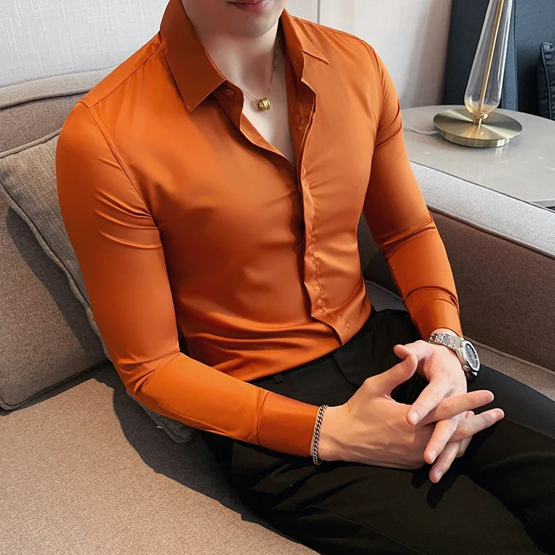 8 Colors High Quality  Men Dress Shirt 2023 Autumn Long Sleeve Solid Concealed Placket Shirts Men Business Slim Fit Social Shirt