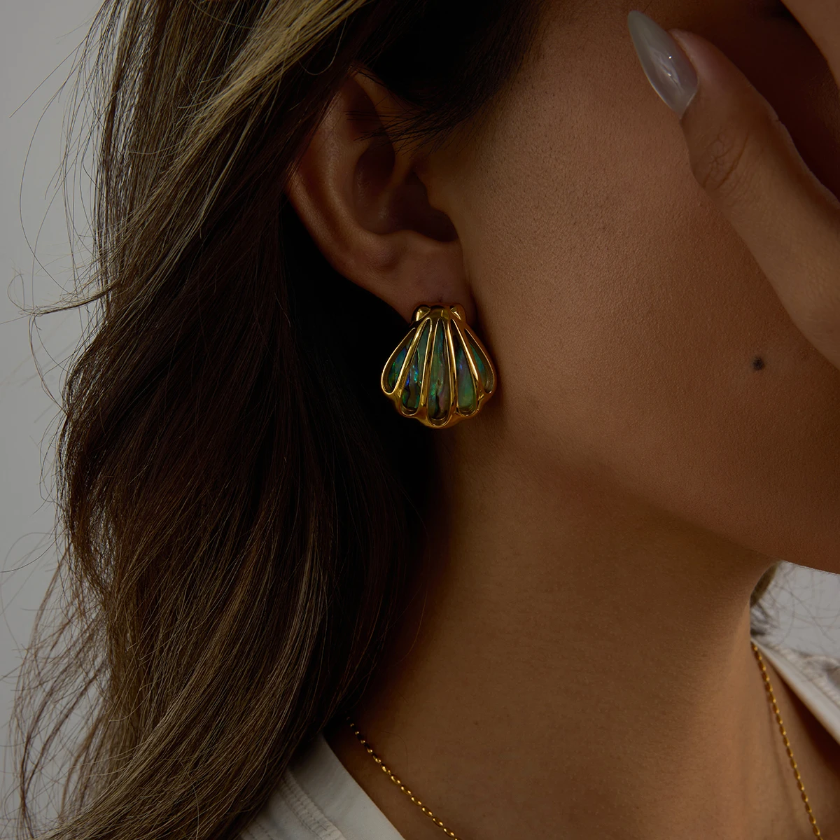 Waterproof Holiday Ocean Abalone Shell Stud Earrings – 18K Gold‑Color Plated Stainless Steel