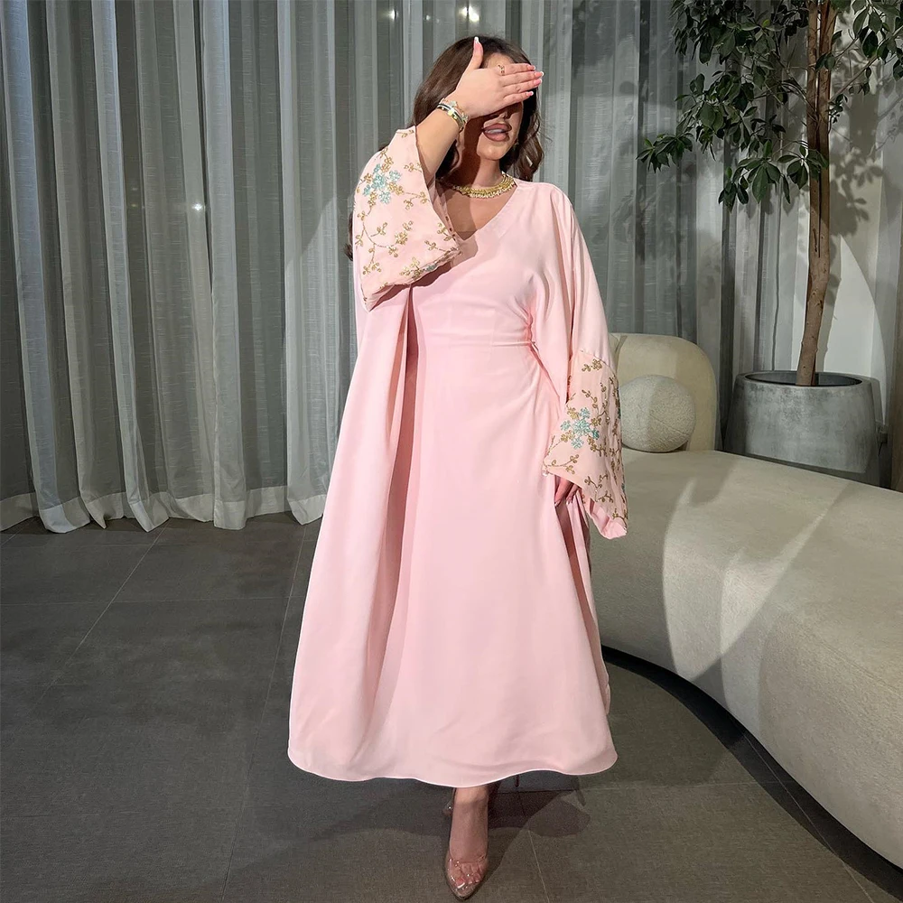 

Pink Appliques Long Sleeves Evening Dress Saudi Arabia Elegant V-Neck A-line Party Gowns Jersey Prom Dress Robes De Soirée 2024