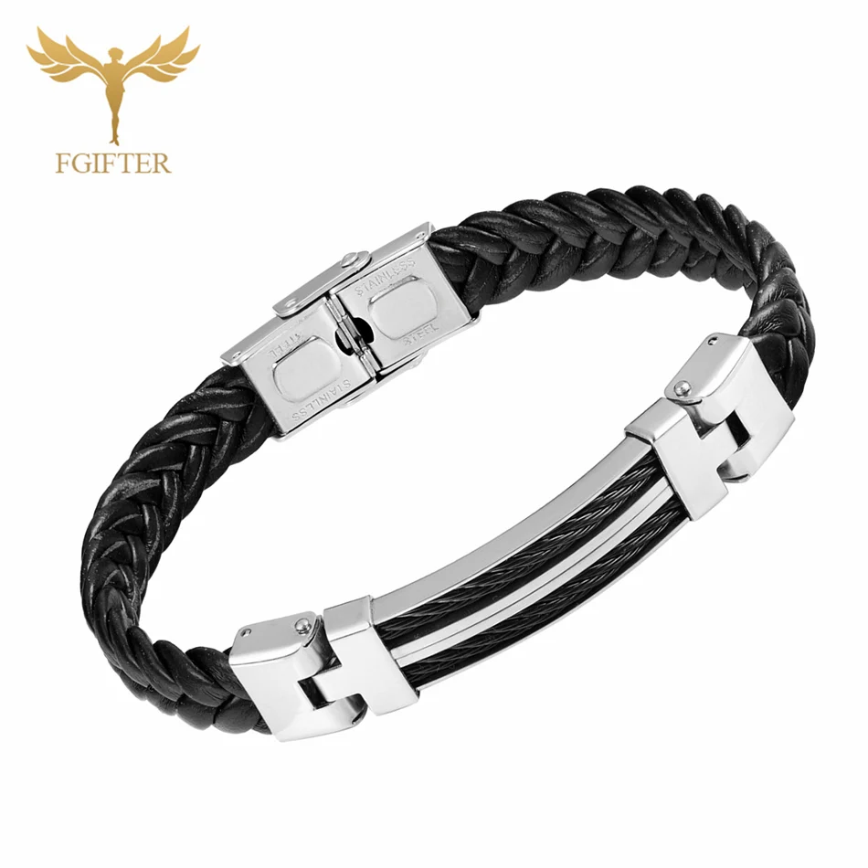 CoolMenJewelryHandWovenLeatherCuffBraceletsWithWireStainless