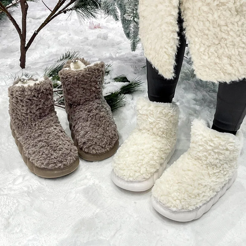 

Outdoor Winter Women Cotton Slippers Soft Hairy Warm Non-Slip Plush Home Thick Flat Boot House Platform Slip On Ladies Shoes