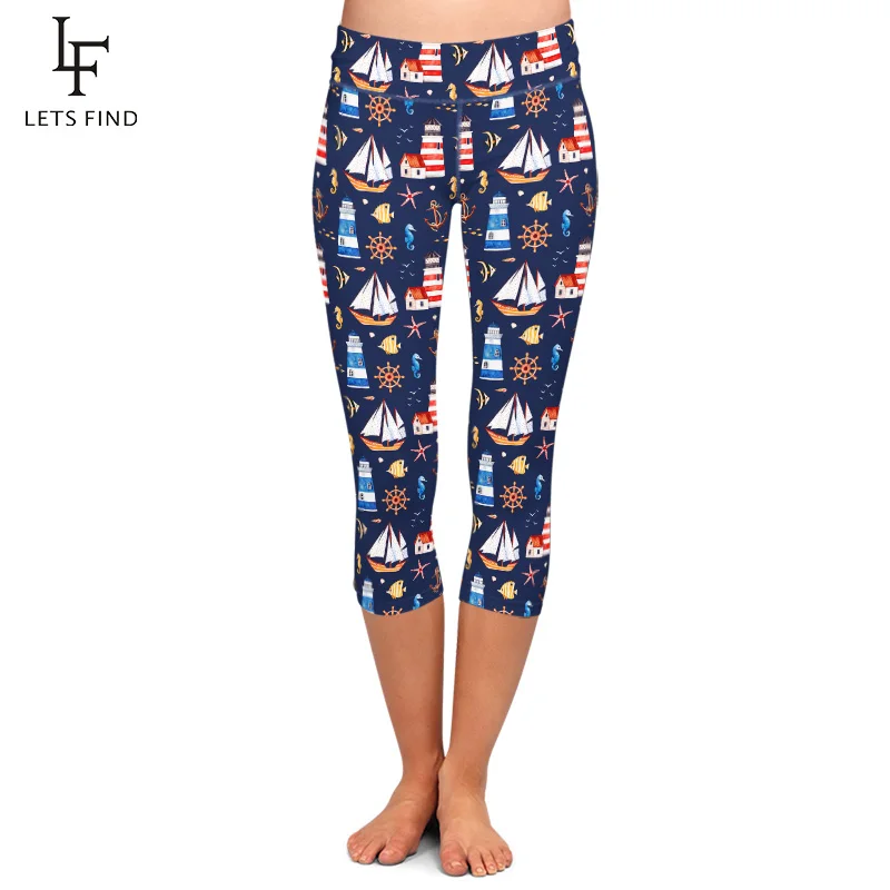 

LETSFIND Fashion Capri Pants Women Seamless 3D Sailing Digital Print Leggings High Waist Casual Leggings