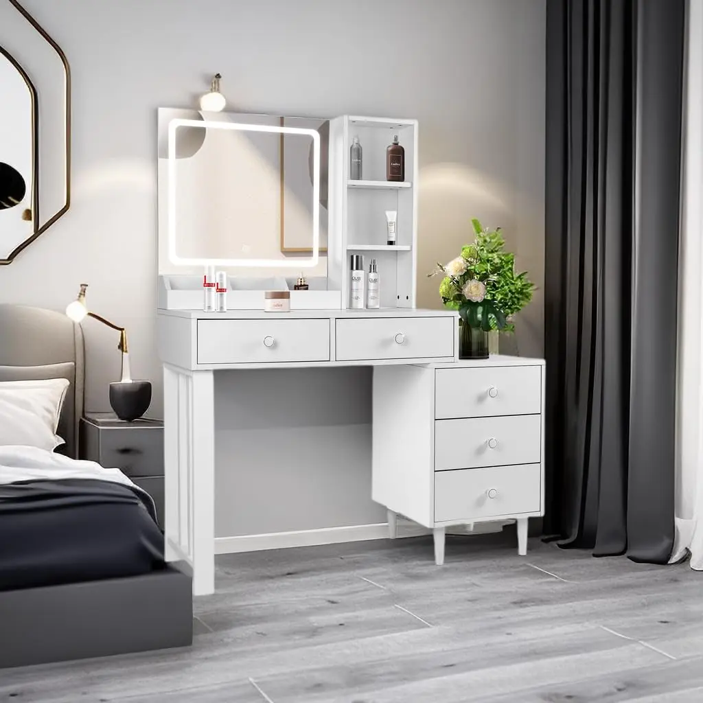 

Vanity Desk with Lighted Mirror, Makeup Vanity Dressing Table with Power Strip, Makeup Table with Storage Shelves & 5 Drawers fo