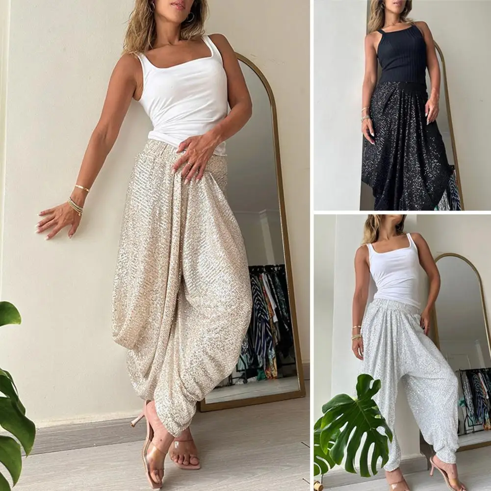 Solid Color Wide Leg Pants Elastic Waist Glitter Lantern Pants for Women Wide Leg Solid Color Trousers Party for Spring