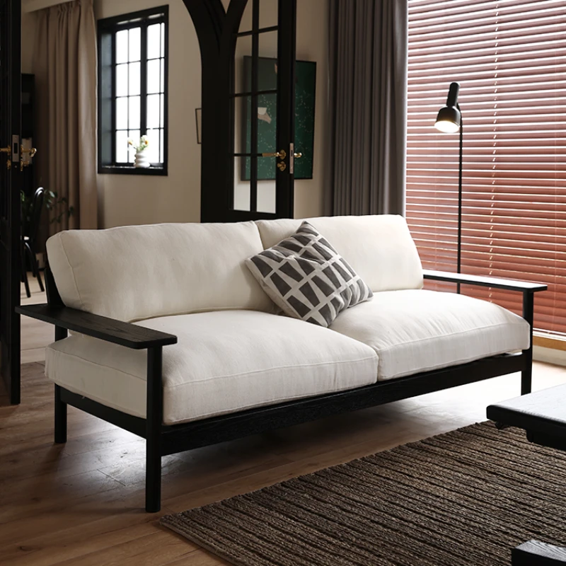 

All solid wood cotton and linen fabric sofa Nordic style medieval living room red oak three-person sofa