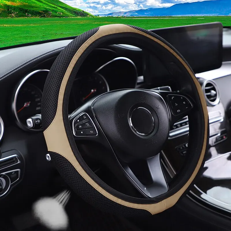 Car Steering Wheel Cover 37-38cm Without Inner Ring Three-dimensional Leather Embroidered Diamond-encrusted Breathable