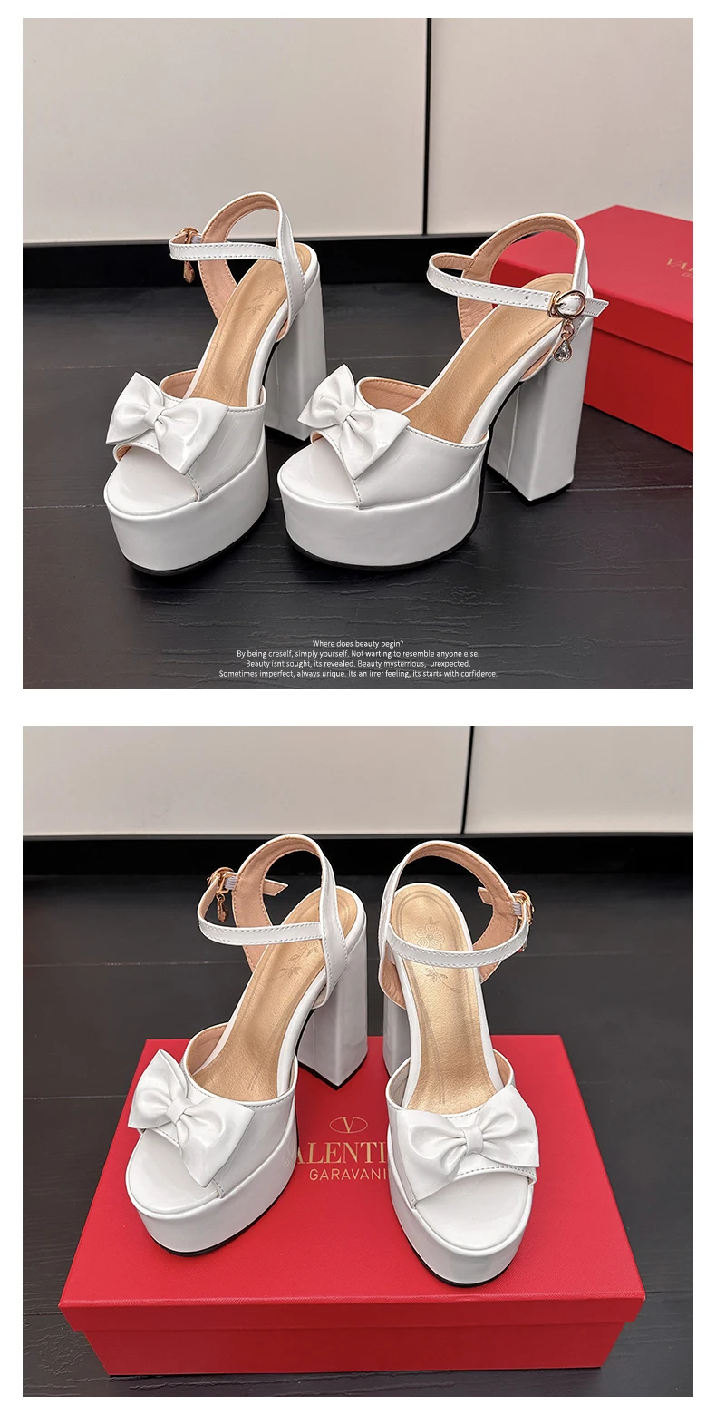Bright Patent Leather Material, Cute Bow Tie Peep Toe Shoes Super High Thick Heels Hollowed Out Platform Sweet Women's Sandals