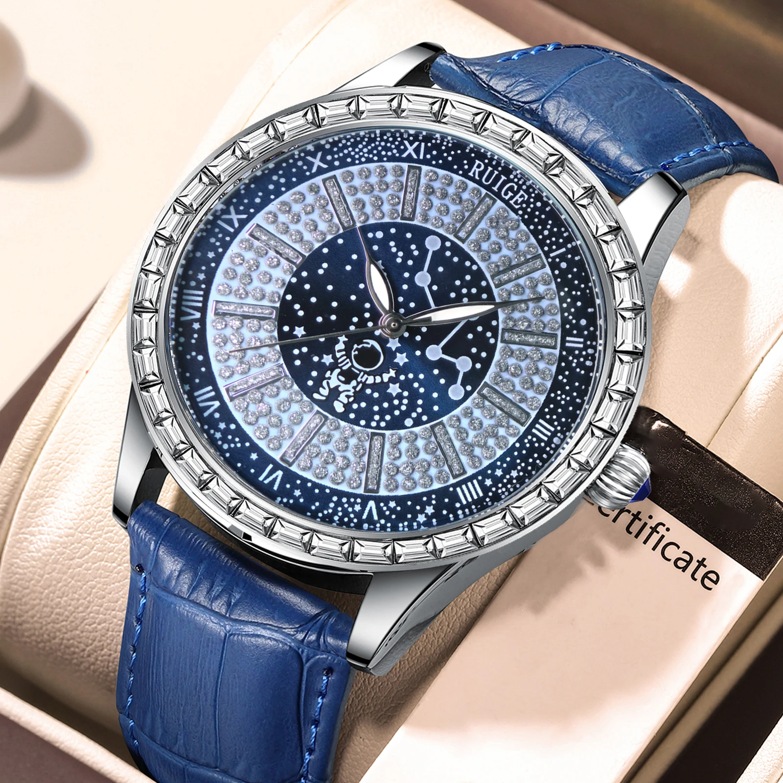 Swiss Quality RUIGE Men's Trendy Inlaid Full Diamond Watch Quartz Watch Genuine Leather Waterproof Blue Watch кастрюля swiss diamond xd 6124 ic