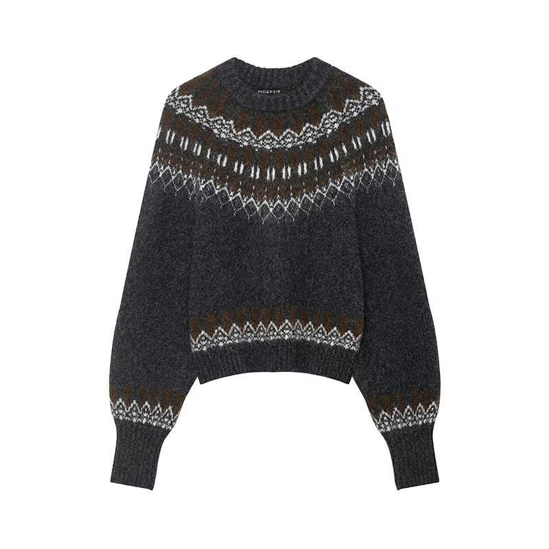 Women's Knitted Pullover Women Fashion Long Sleeve Vintage Jacquard Short Sweater 2025 New Casual Loose Knitwear Tops ﻿ ﻿