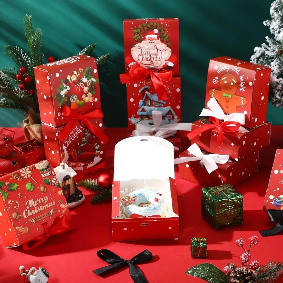 60 Pcs Christmas Gift Boxes with Lids Bulk 4.5 x 4.5 x 1.95 Inch Small Christmas Boxes with Bows for Gift Card Chocolate Crafti