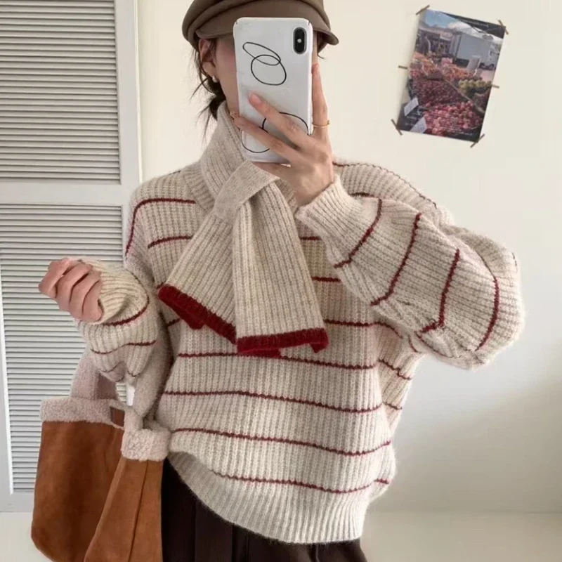 Autumn and Winter New Fashion Women's Clothing with Scarf Women's Long-sleeved Striped Sweater Casual Office Top Knitwear