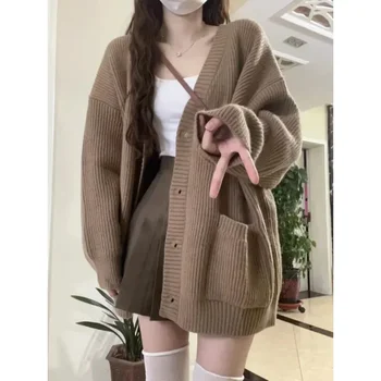 2024 Women’s Preppy V-Neck Knit Cardigan – Loose Fit Pullover