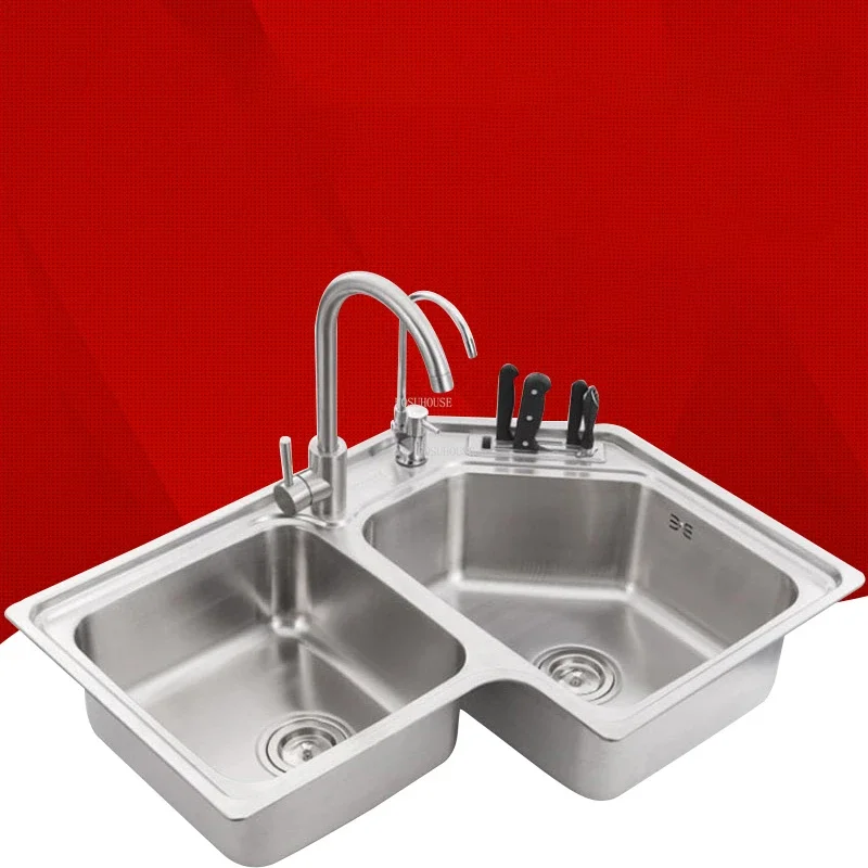 Modern Stainless Steel Corner Kitchen Sinks Home Kitchen Accessories Double Slot Washing Basin Balcony sliver Brushed Sinks X