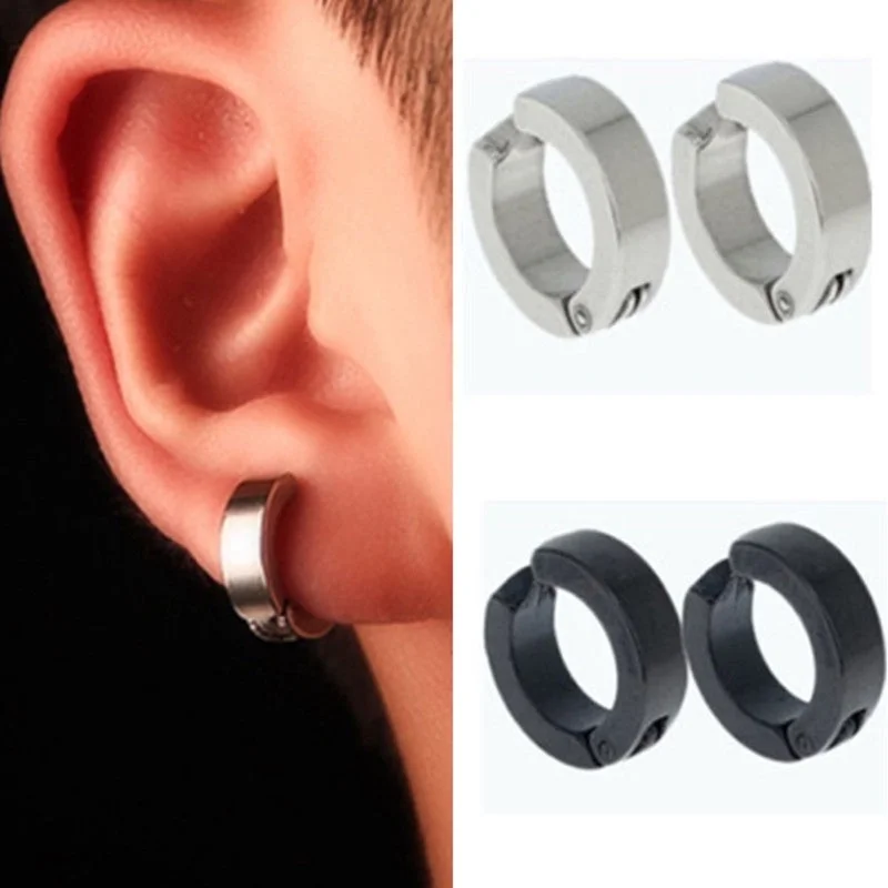 2pcs Men No Piercing Earrings Titanium Steel Clipon Fake Earring Round