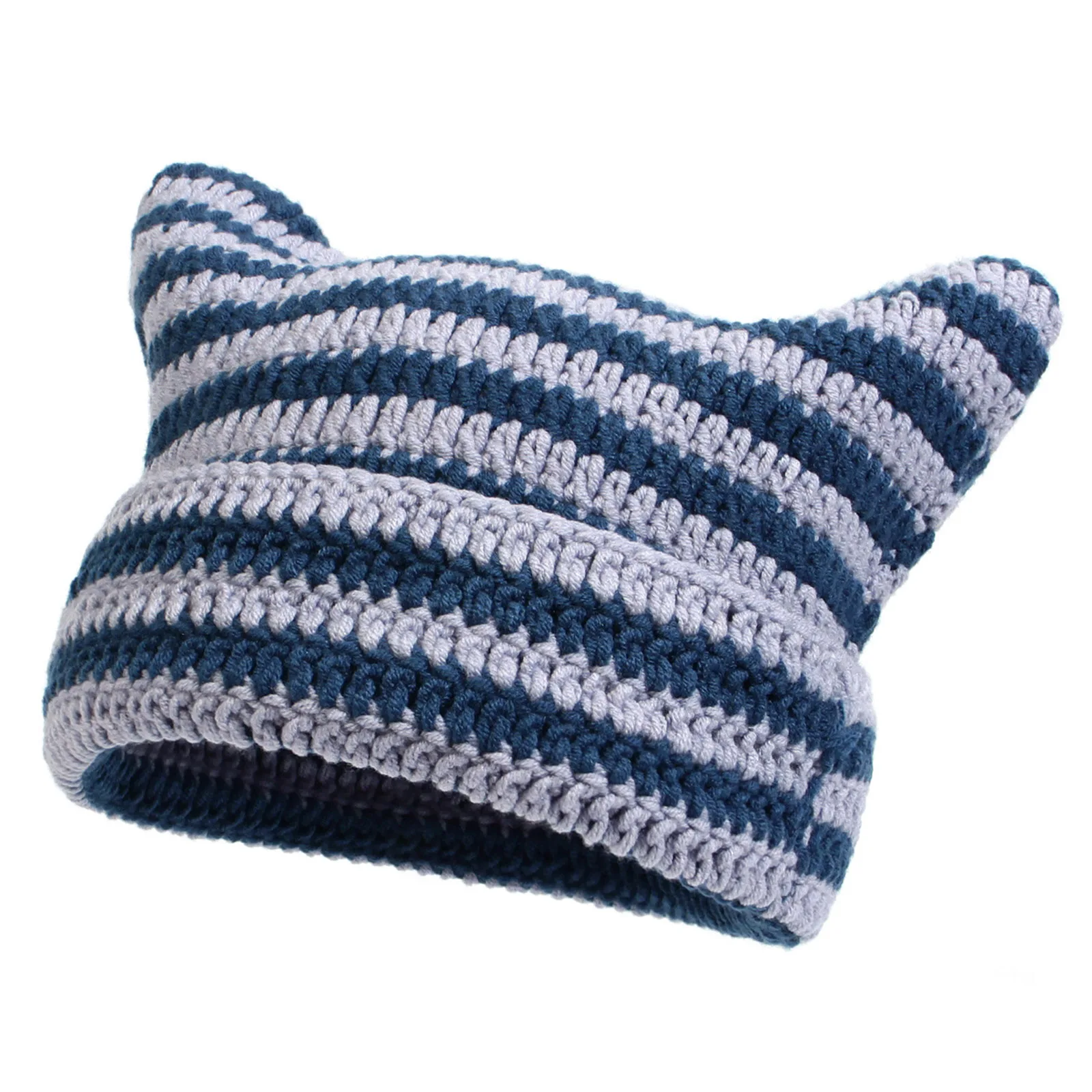 Gorro de punto con orejas de gato y cuerno de diablo para mujer y niña, gorro de ganchillo a rayas de Color de contraste informal, accesorio de disfraz, 2023