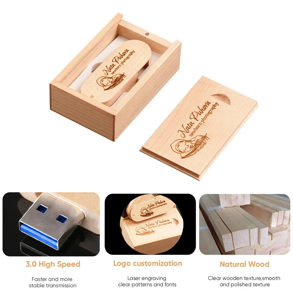 JASTER 1 PCS 무료 사용자 정의 로고 나무 USB 3.0 상자 펜 드라이브 4GB 8G 16G 32GB 64G USB 플래시 드라이브 사진 결혼 선물