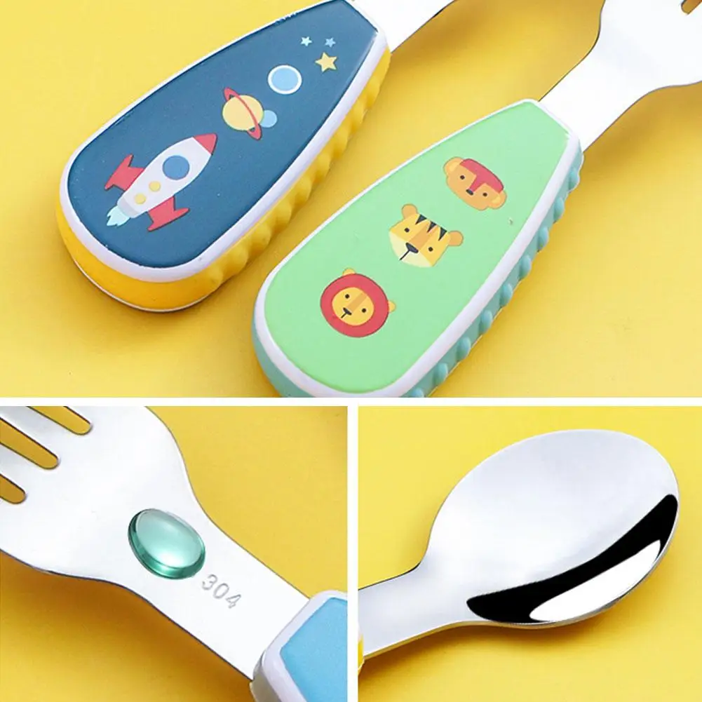 2Pcs Short Handle Utensil Toddler Utensils Cute Toddler Feeding Spoon And Fork Set Steel Innovative Cartoon Dinosaur