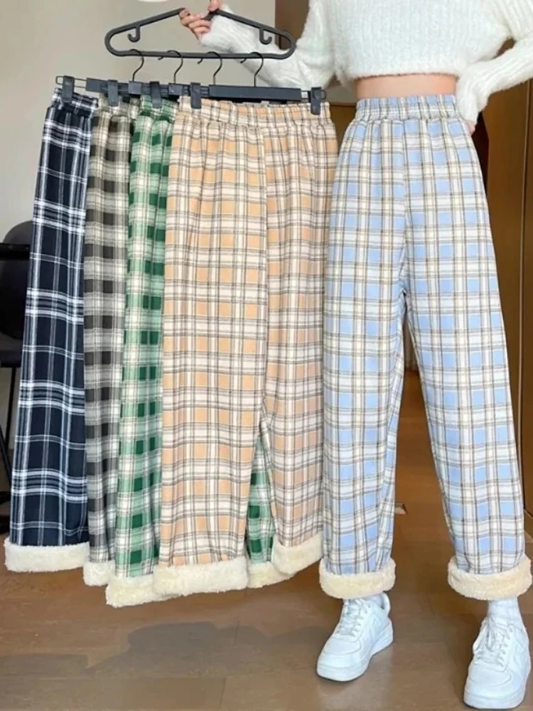 

YRRETY Fashion Warm Plush Pants Thick Plaid Women Winter Casual Loose Wide Leg Trousers Korean Streetwear Straight Casual Pants